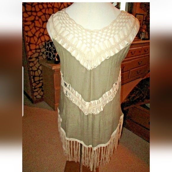 UMGEE Taupe Cream Fringe Lace Gypsy Hippie Bold Unique Flowy Flare Tank Top M - Picture 4 of 5